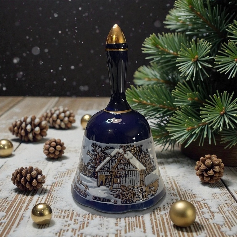 Vtg Currier & Ives Bell The Old Homestead In Winter Cobalt Blue Gold Trim 5"